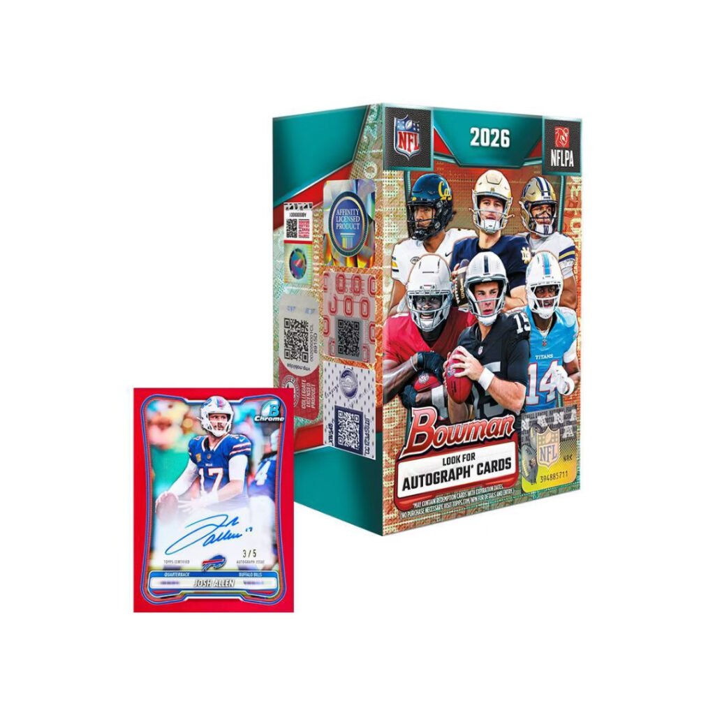 2026 Bowman Football value box shown with a Josh Allen Bowman Chrome red autograph card