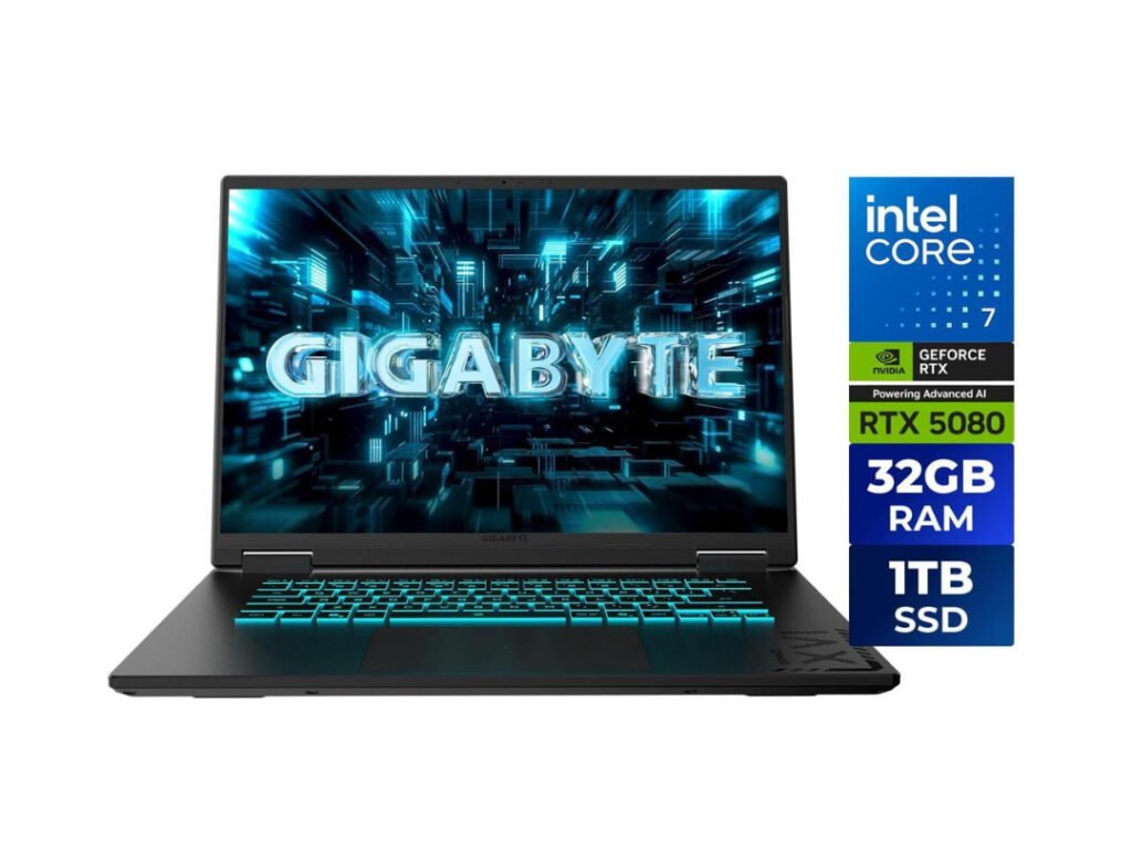 GIGABYTE Gaming A16 Pro 16-inch gaming laptop front view with Intel Core 7, RTX 5080, 32GB RAM and 1TB SSD badges
