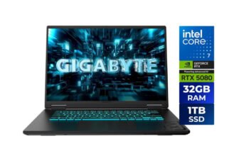GIGABYTE Gaming A16 Pro 16-inch gaming laptop front view with Intel Core 7, RTX 5080, 32GB RAM and 1TB SSD badges