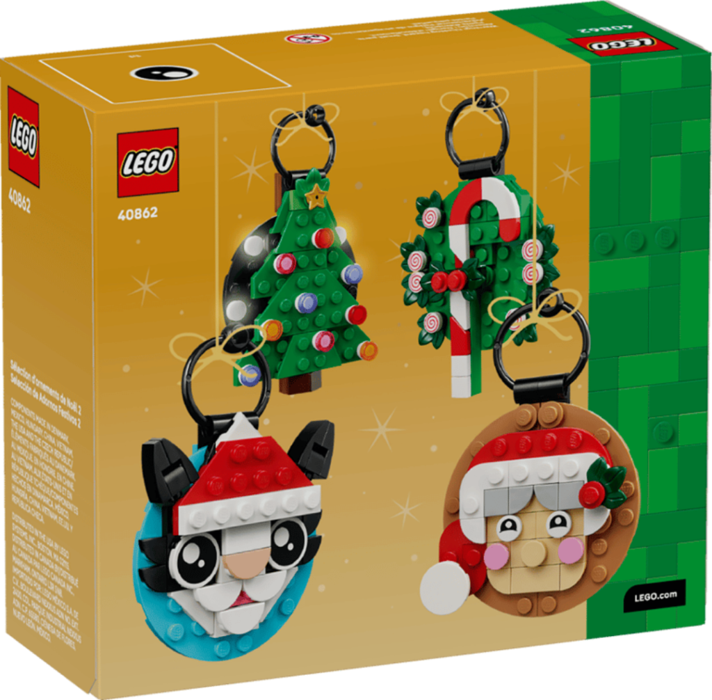 LEGO Holiday Ornament Selection 2 40862 box showing Christmas tree, candy cane, Cataclaws and Mrs. Claus ornaments