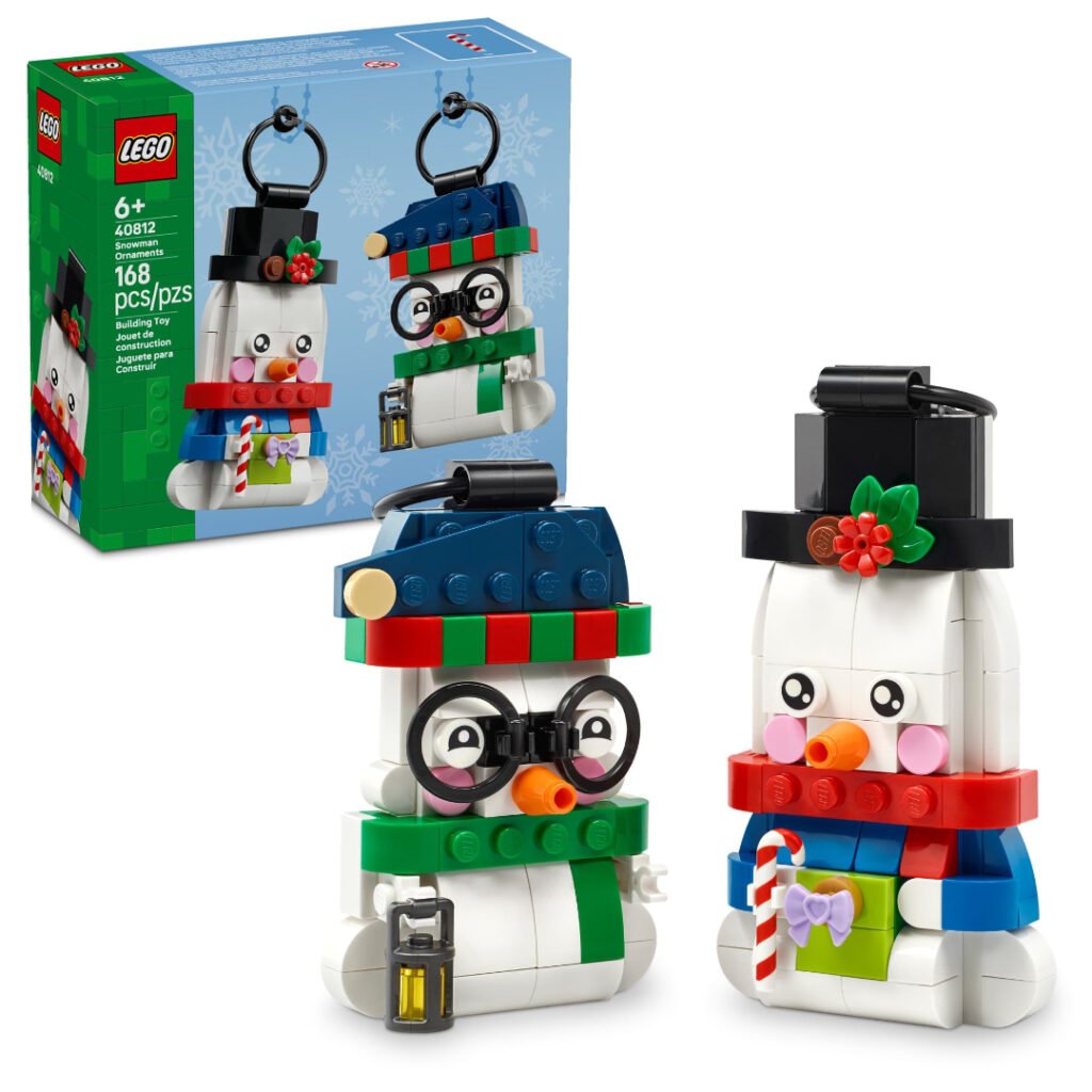 LEGO Snowman Ornaments 40812 box with two built snowman ornaments, one in a top hat and one in glasses and a blue hat