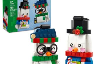 LEGO Snowman Ornaments 40812 box with two built snowman ornaments, one in a top hat and one in glasses and a blue hat