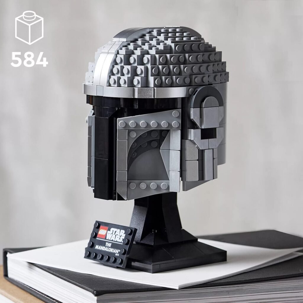 Built LEGO Star Wars The Mandalorian Helmet 75328 on its display stand with nameplate