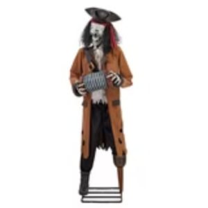 Front view of the Member's Mark 7 ft pirate skeleton with tricorn hat, long brown coat, accordion and peg leg on an iron base