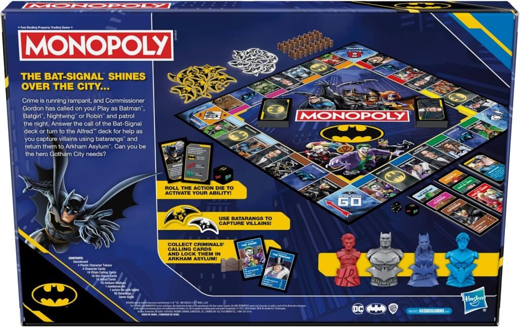 Monopoly Batman Edition game board with villains, batarangs and hero tokens