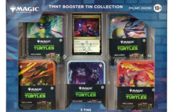 Magic: The Gathering x TMNT Booster Tin Collection box at Costco with 5 tins, 1 foil Turtle Lair promo card, and 3 Play Boosters plus 1 exclusive sticker per tin