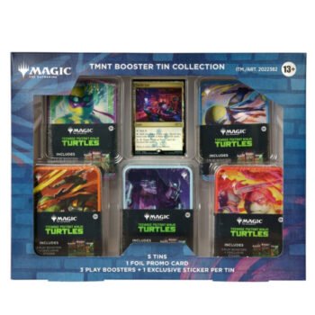 Magic: The Gathering x TMNT Booster Tin Collection box at Costco with 5 tins, 1 foil Turtle Lair promo card, and 3 Play Boosters plus 1 exclusive sticker per tin