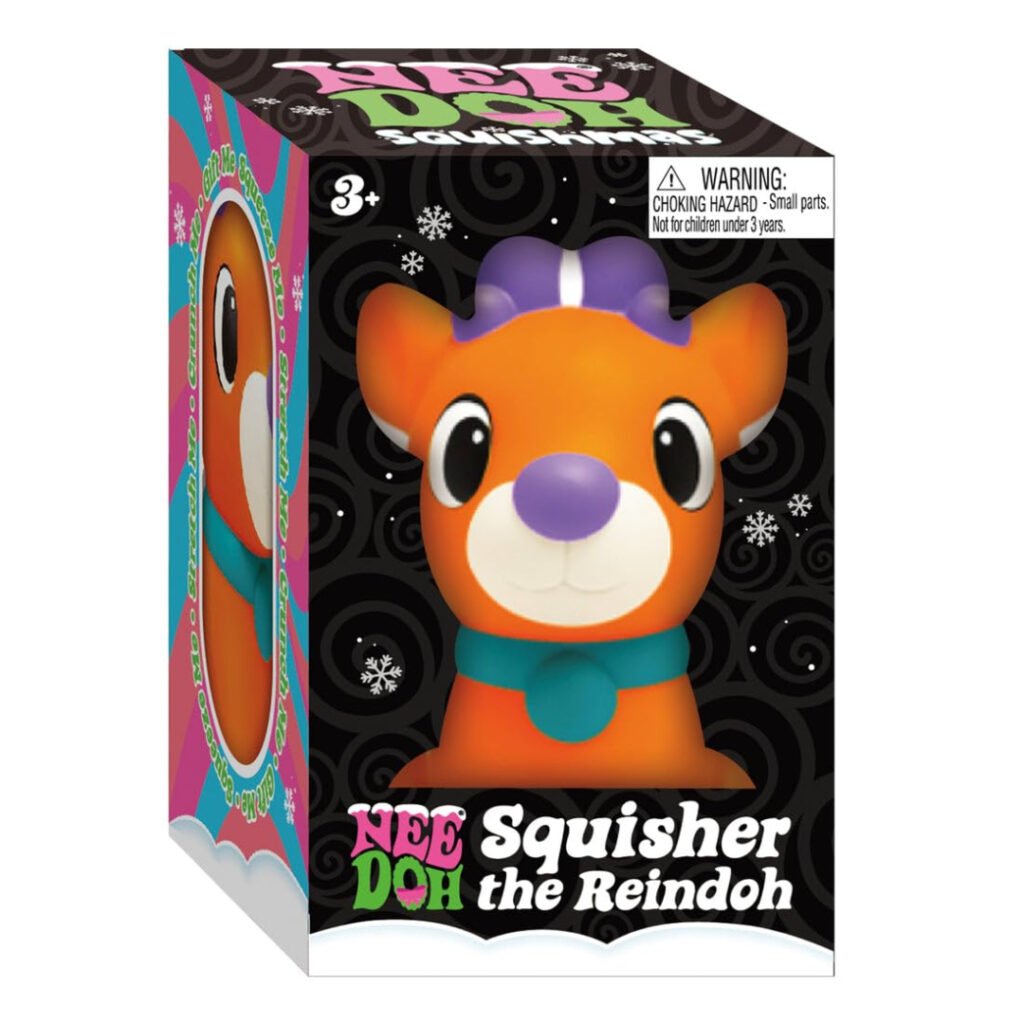 NeeDoh Squishmas Squisher the Reindoh in its box, orange reindeer with purple antlers