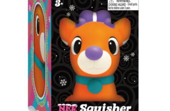 NeeDoh Squishmas Squisher the Reindoh in its box, orange reindeer with purple antlers