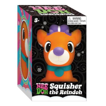 NeeDoh Squishmas Squisher the Reindoh in its box, orange reindeer with purple antlers