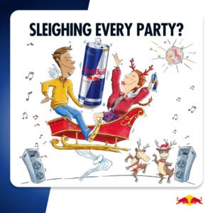 Red Bull holiday illustration of friends riding a sleigh with a Red Bull can