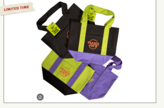 Trader Joe's Trick-or-Treat Mini Canvas Totes in black, lime green and purple