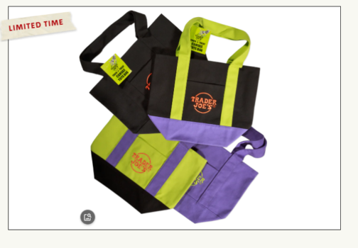 Trader Joe's Trick-or-Treat Mini Canvas Totes in black, lime green and purple
