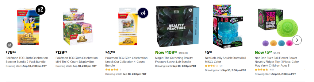 Walmart collectibles drawing lineup for Sep 30, 2026 with prices