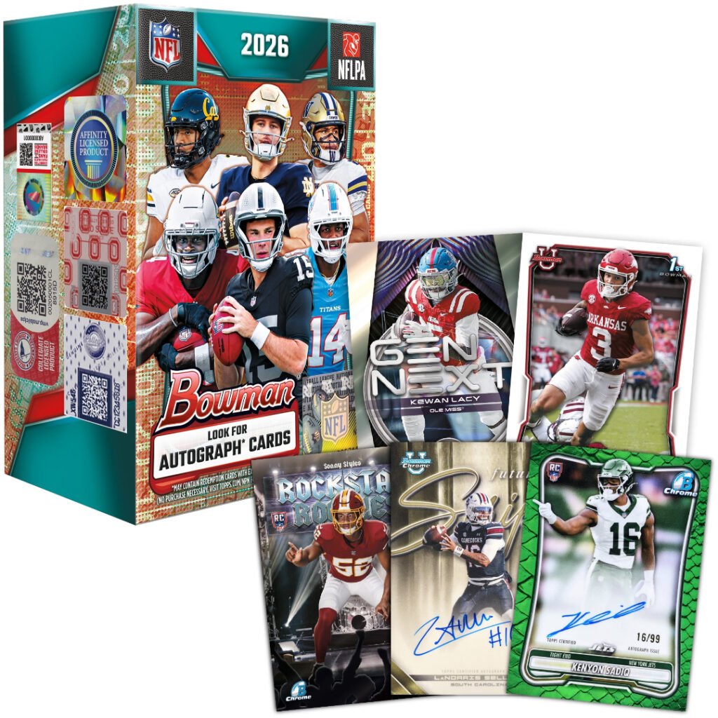 2026 Bowman Football Value Box with sample autograph and parallel cards