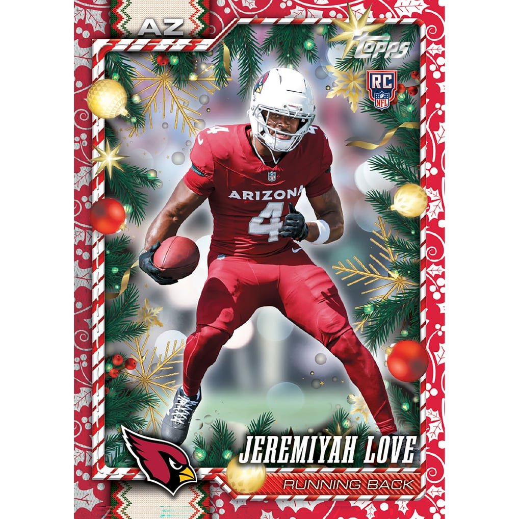 2026 Topps Holiday Football Jeremiyah Love Cardinals rookie holiday card design