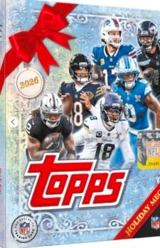 2026 Topps NFL Holiday Mega Box trading card box art with holiday theme and NFL players