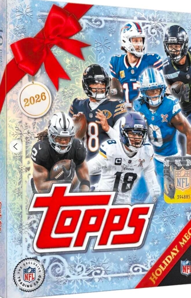2026 Topps NFL Holiday Mega Box trading card box art with holiday theme and NFL players