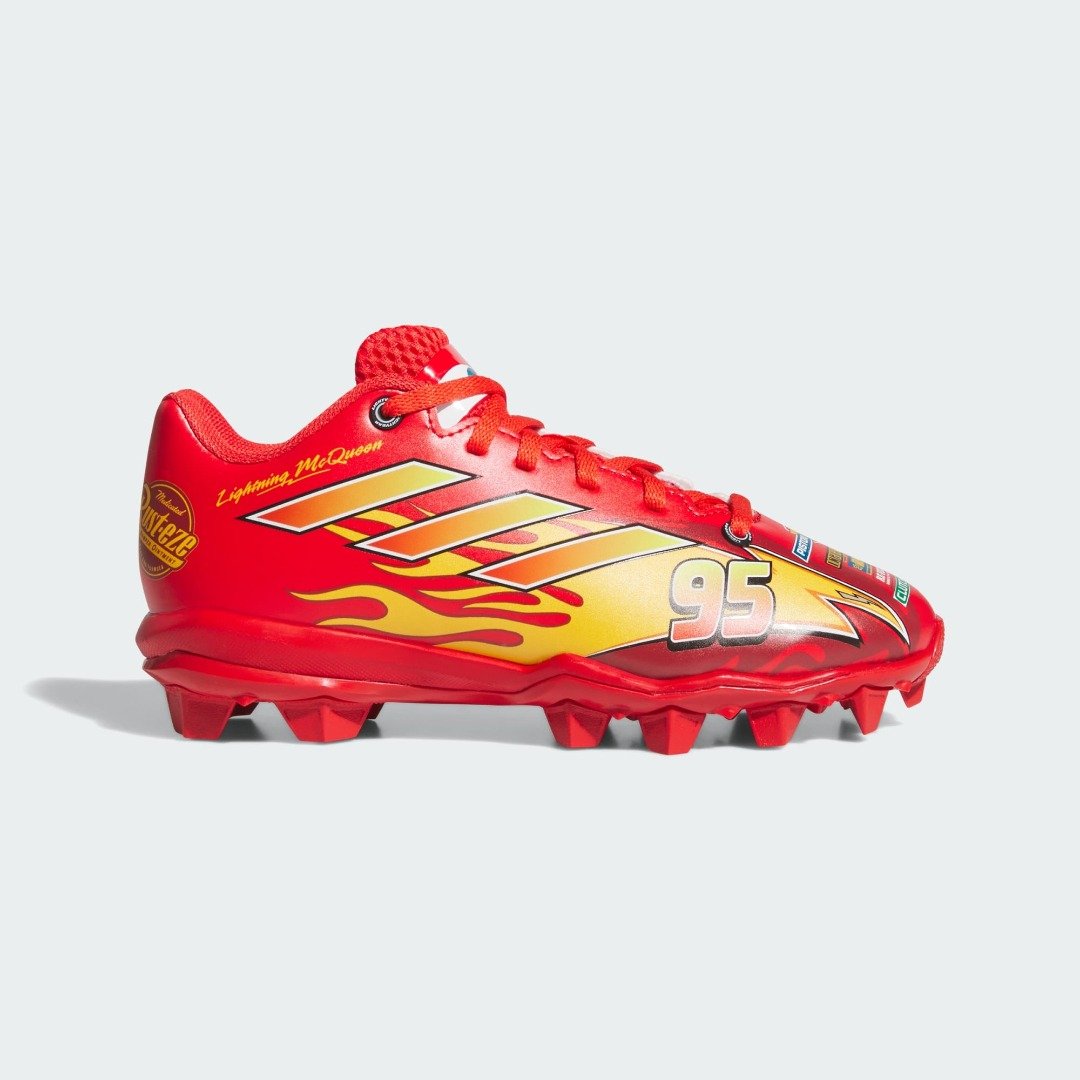 Side view of the red adidas Pixar Cars Adizero Impact 2 kids baseball cleat with a big #95, flame Three Stripes and Lightning McQueen script