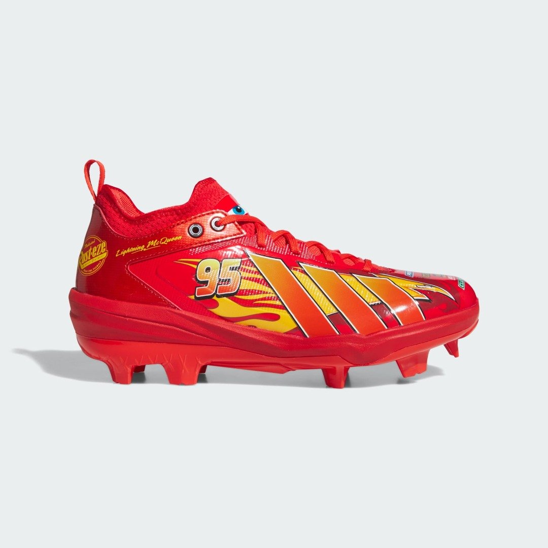 Side view of the red adidas Pixar Cars Adizero Impact 3.0 TPU men's baseball cleat with #95, flame Three Stripes and Lightning McQueen script