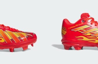 adidas Pixar Cars Lightning McQueen baseball cleats side by side: the adult Adizero Impact 3.0 TPU and the kids Adizero Impact 2, both red with #95 and flame graphics