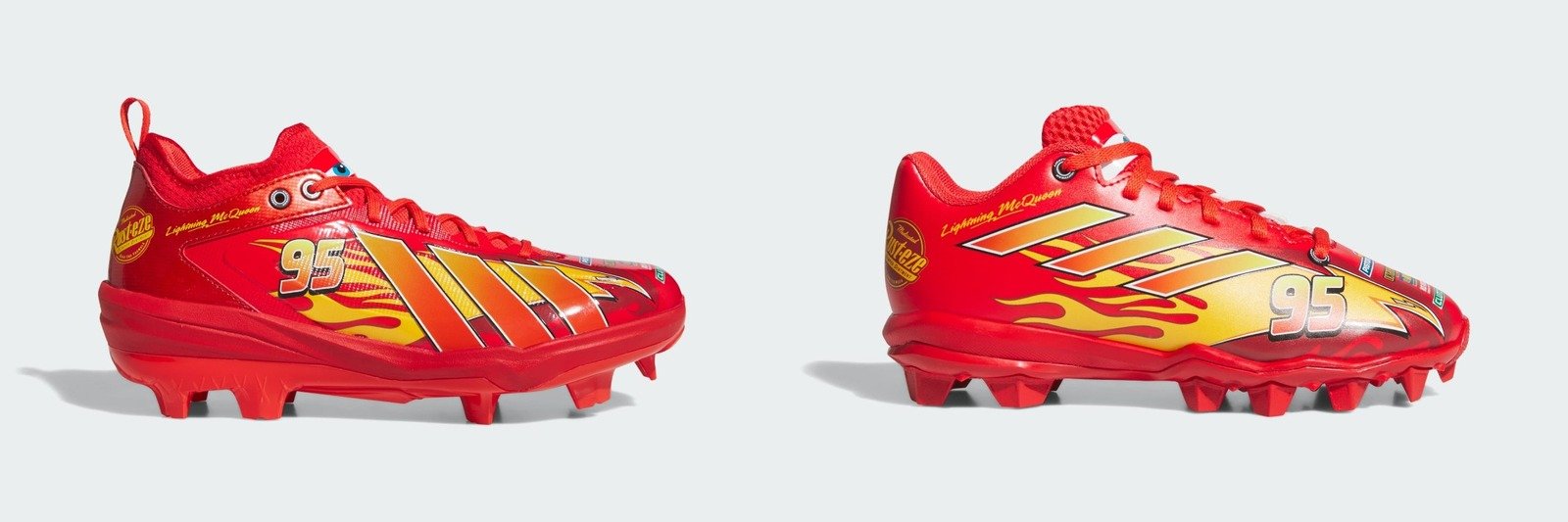 adidas Pixar Cars Lightning McQueen baseball cleats side by side: the adult Adizero Impact 3.0 TPU and the kids Adizero Impact 2, both red with #95 and flame graphics