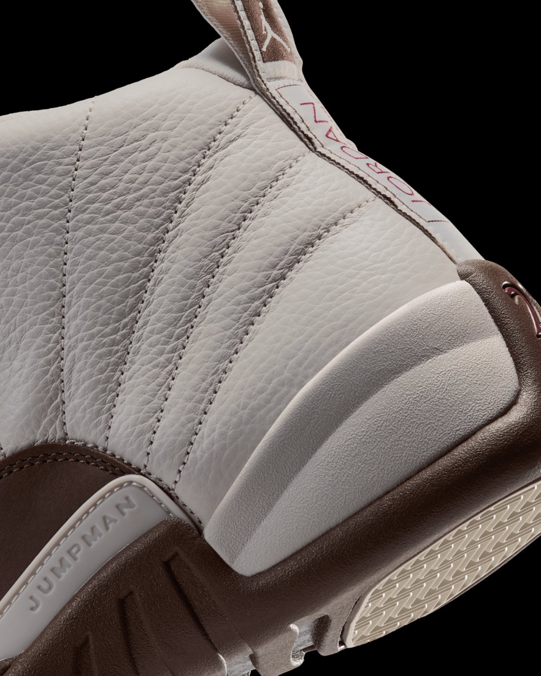 Heel detail of Air Jordan 12 Fireside with Jordan pull tab and JUMPMAN midsole