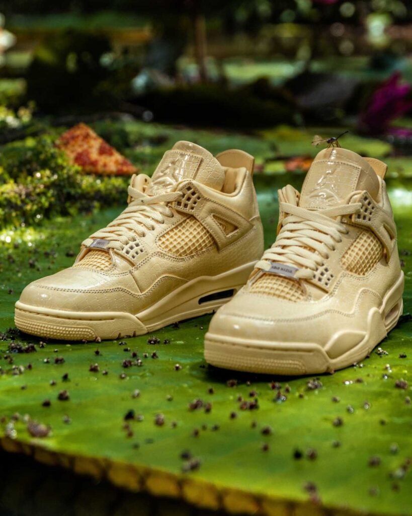 Air Jordan 4 x J Balvin Amazonas pair on a lily pad