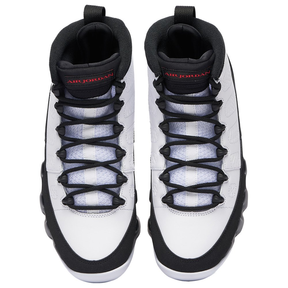 Close-up of the laces and perforated white upper on the Jordan 9 Space Jam