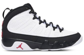 Air Jordan 9 Retro Space Jam side profile in white leather with black nubuck and red Jumpman