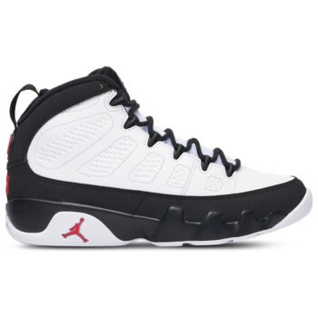 Air Jordan 9 Retro Space Jam side profile in white leather with black nubuck and red Jumpman