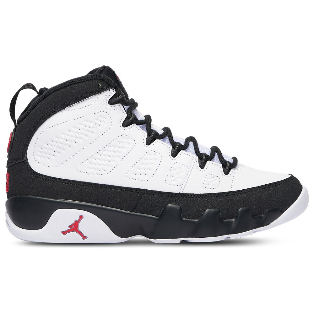 Air Jordan 9 Retro Space Jam side profile in white leather with black nubuck and red Jumpman
