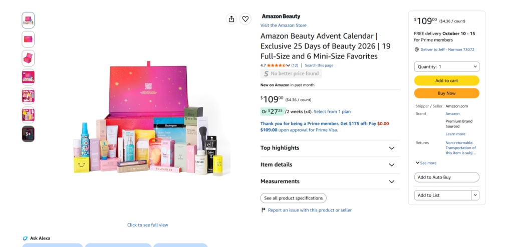 Amazon listing — Amazon Beauty Advent Calendar Exclusive 25 Days of Beauty 2026, $109.00, 19 full-size and 6 mini-size