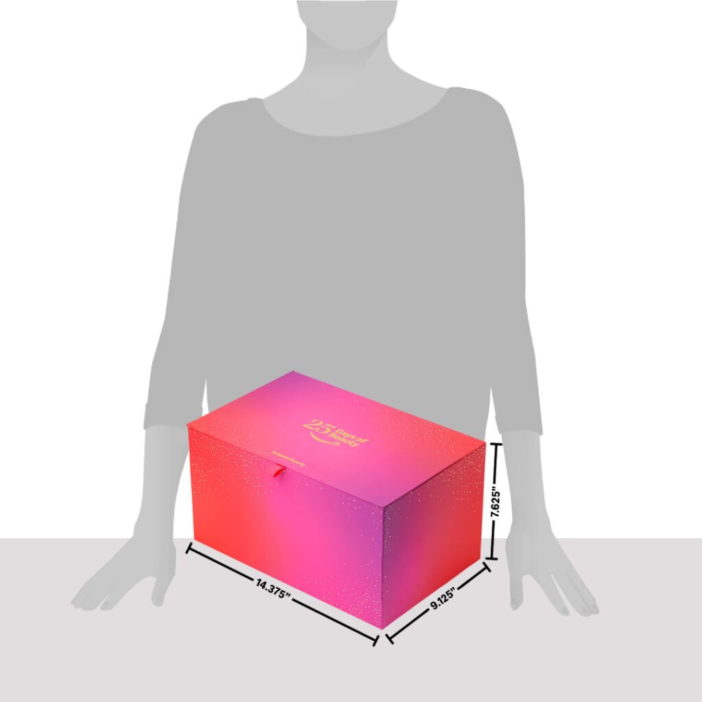 Amazon Beauty Advent Calendar box size compared to a person — roughly 14 x 9 x 7.6 inches