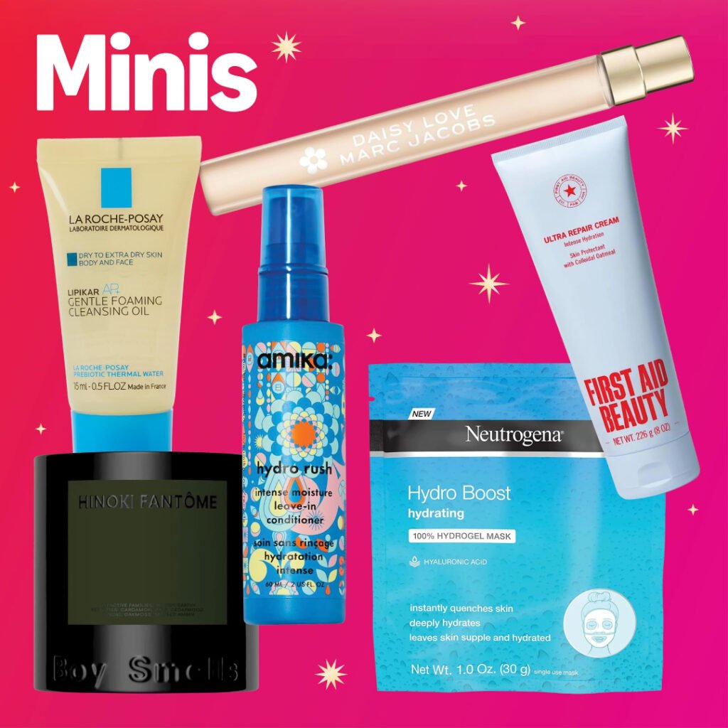 Mini-size products — La Roche-Posay cleanser, Amika, Neutrogena Hydro Boost mask, First Aid Beauty, Daisy Love fragrance