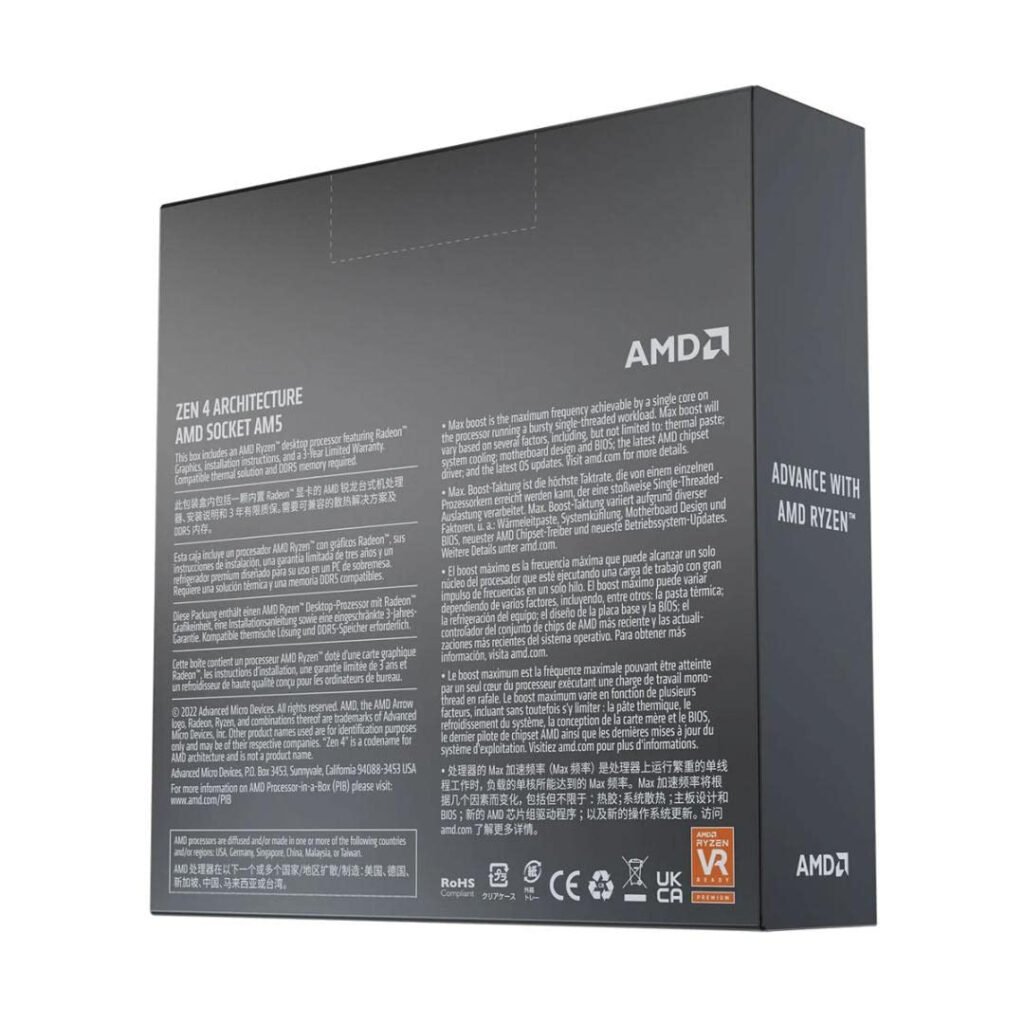 Back of the AMD Ryzen 5 7600X box showing Zen 4 architecture and AMD Socket AM5