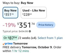 Amazon listing showing the ASUS ROG Azoth Extreme at $351.74, 19% off the $434.99 typical price