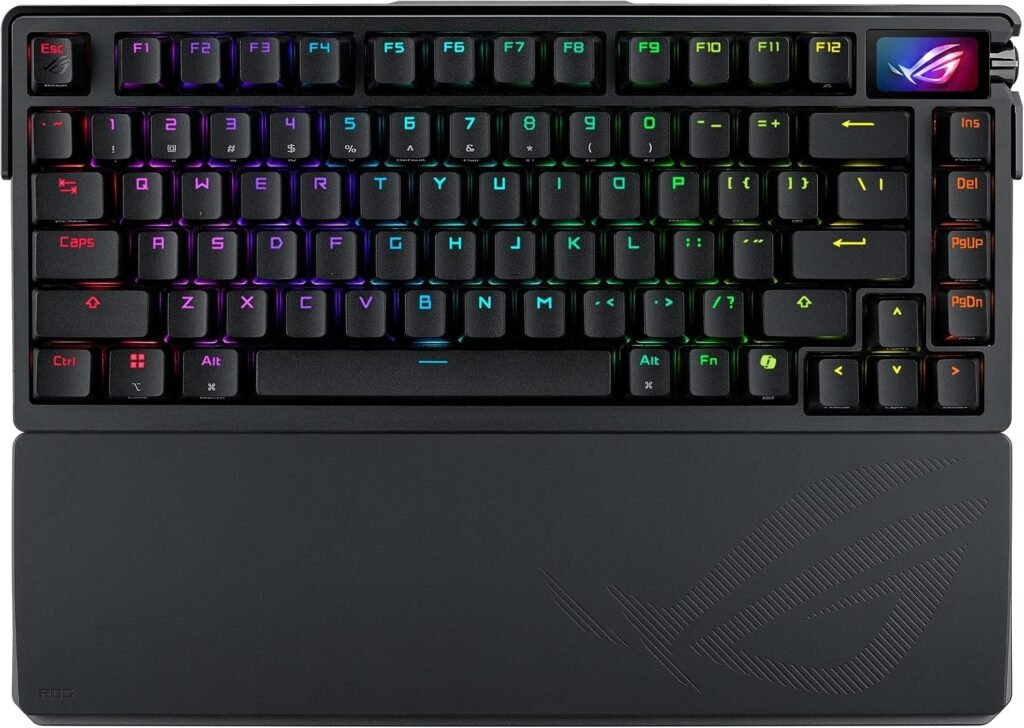 ASUS ROG Azoth Extreme wireless 75% mechanical gaming keyboard in black with RGB lighting, OLED screen and wrist rest