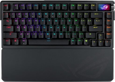 ASUS ROG Azoth Extreme wireless 75% mechanical gaming keyboard in black with RGB lighting, OLED screen and wrist rest