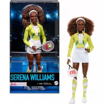 Barbie Signature Serena Williams doll shown in the box and out of the box with tennis uniform and racket