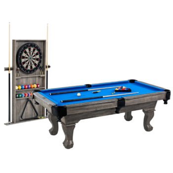Barrington Billiards 7.5 ft pool table set with wall-mounted cue rack and dartboard, blue felt