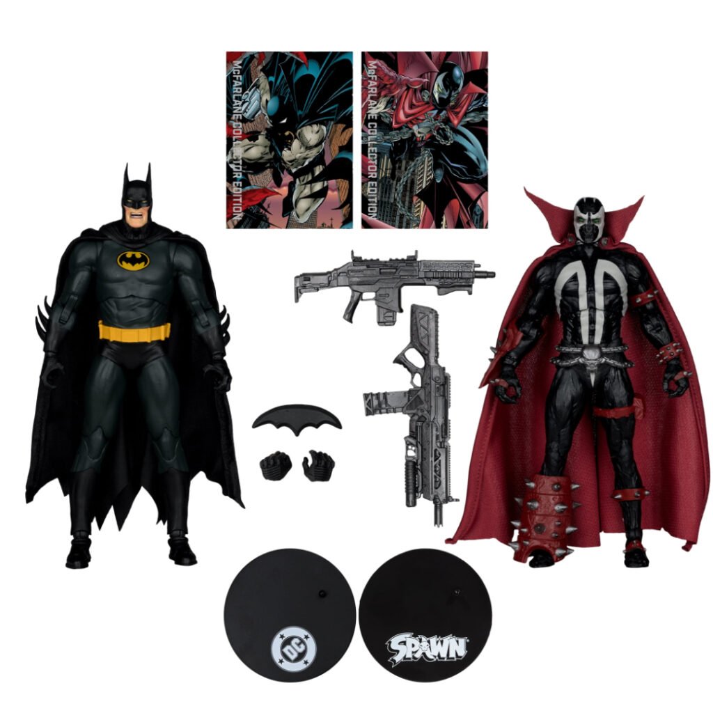 Batman and Spawn figures with 2 Collector Edition art cards, 2 guns, batarang, extra hands, and DC and Spawn display bases