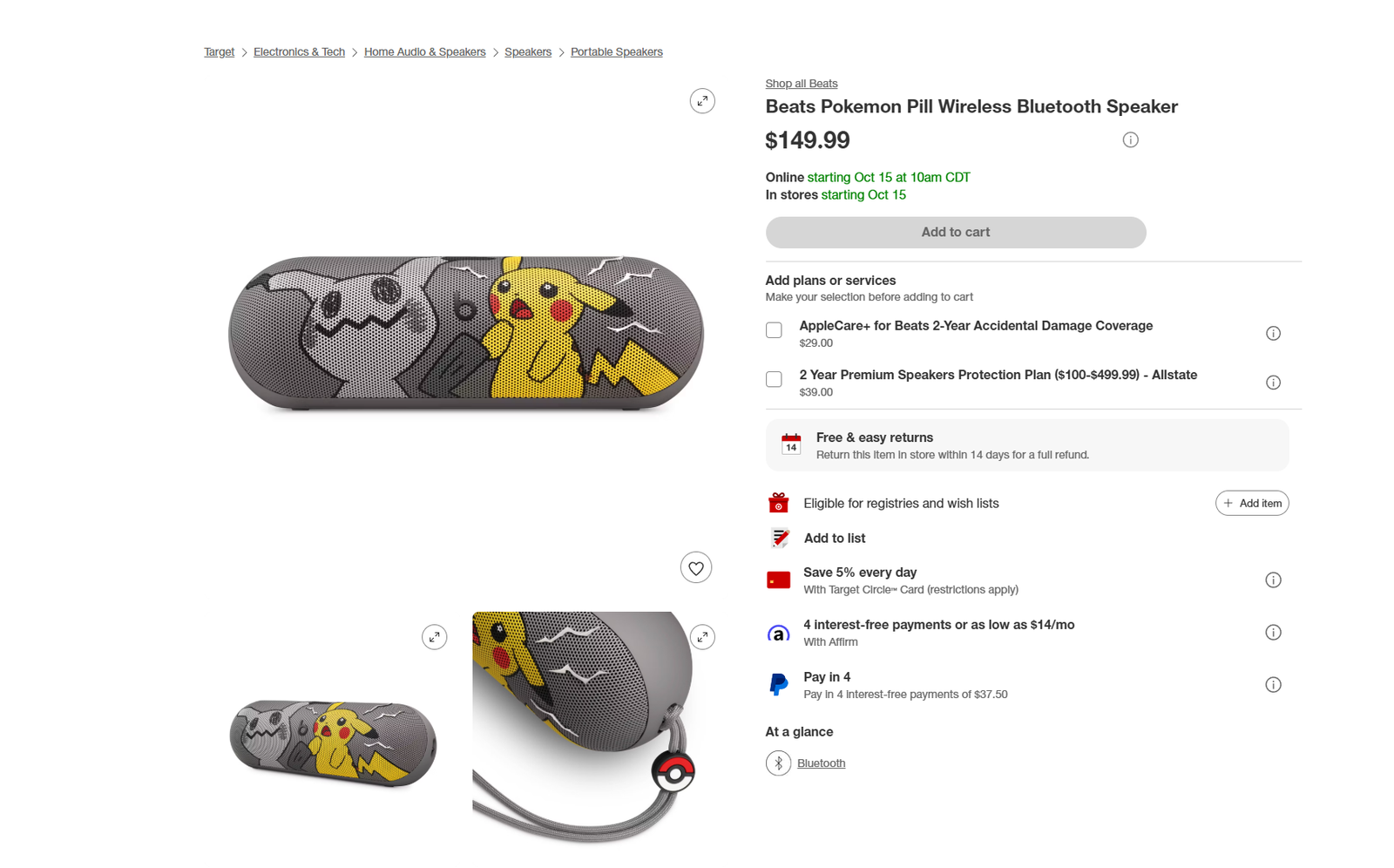 Target listing Beats Pokemon Pill Wireless Bluetooth Speaker $149.99