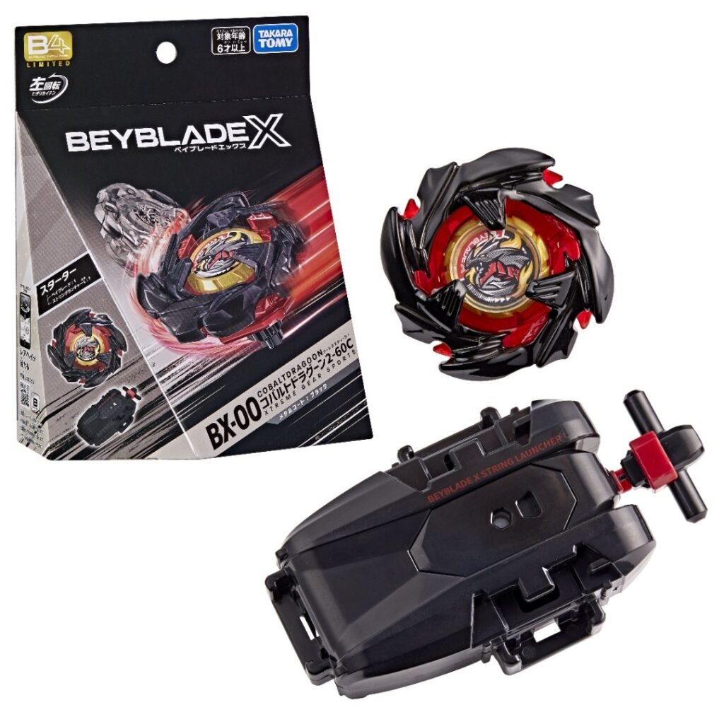 Beyblade X BX-00 Cobalt Dragoon 2-60C Takara Tomy Japan package with the left-spin top and string launcher
