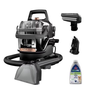 BISSELL Little Green HydroSteam Pet 3605 portable carpet cleaner with its tools