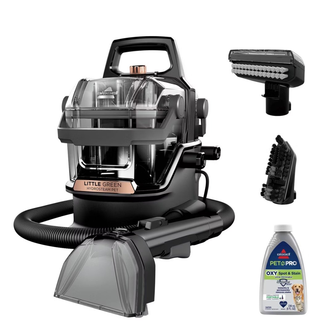 BISSELL Little Green HydroSteam Pet 3605 portable carpet cleaner with its tools