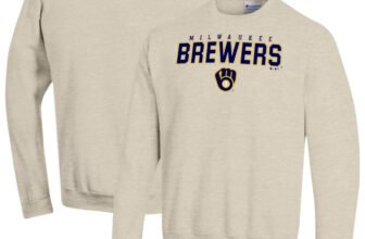 Milwaukee Brewers Champion Eco Powerblend crewneck sweatshirt in oatmeal, front and back