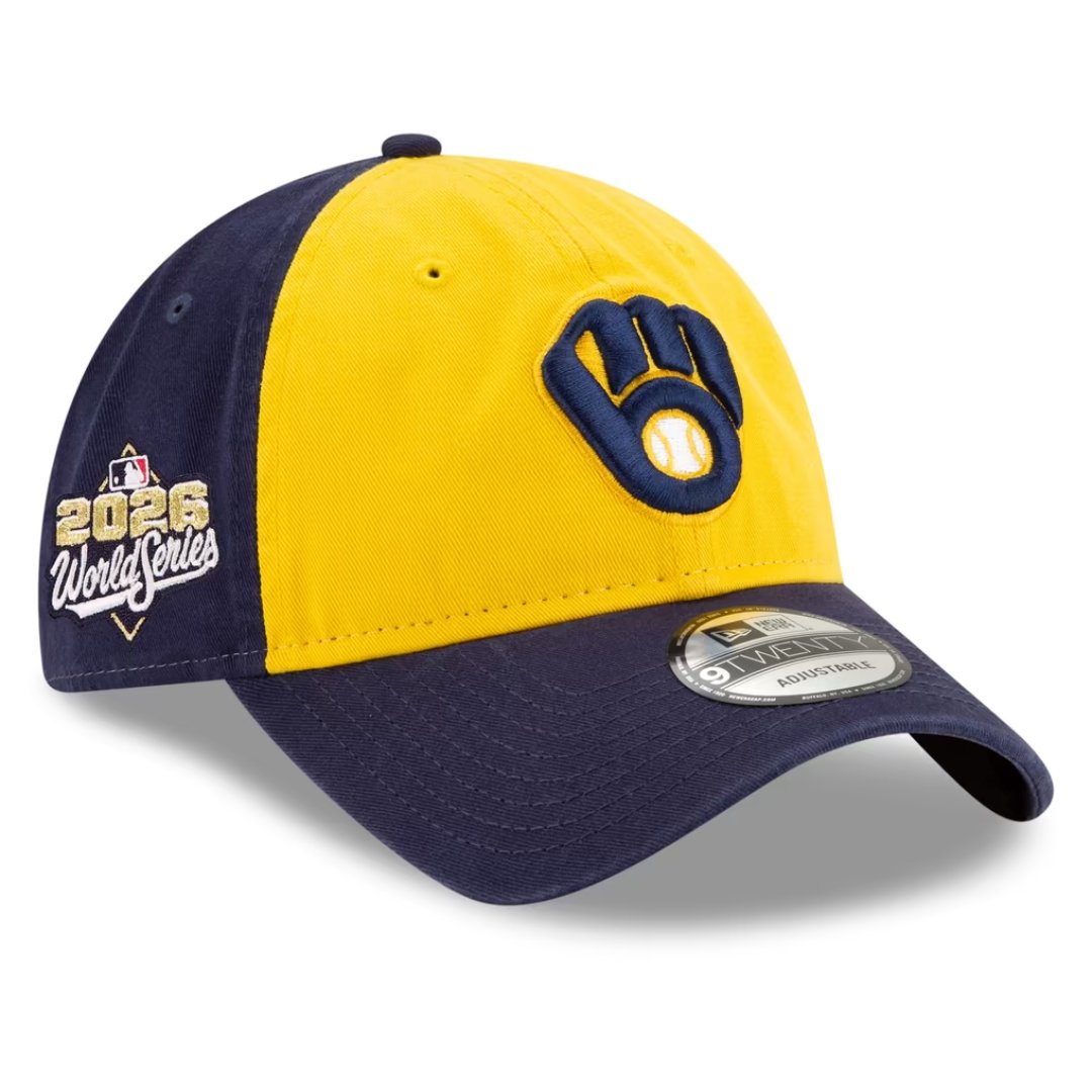 Milwaukee Brewers New Era 2026 World Series Side Patch 9TWENTY hat in gold and navy, 3/4 view with side patch