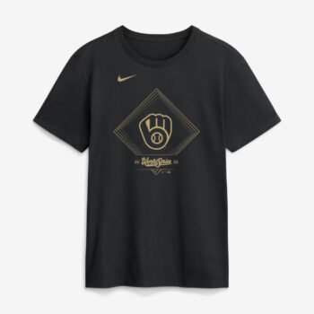 Milwaukee Brewers Nike 2026 World Series t-shirt in black with gold swoosh and ball-in-glove logo