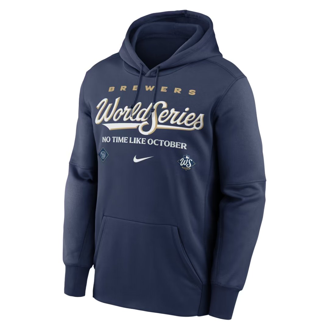 Navy Brewers Nike 2026 World Series hoodie with No Time Like October script, angled view